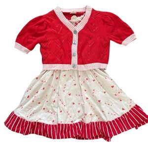 Red and White Heart Pattern Midi Dress and Sweater, Size 8,